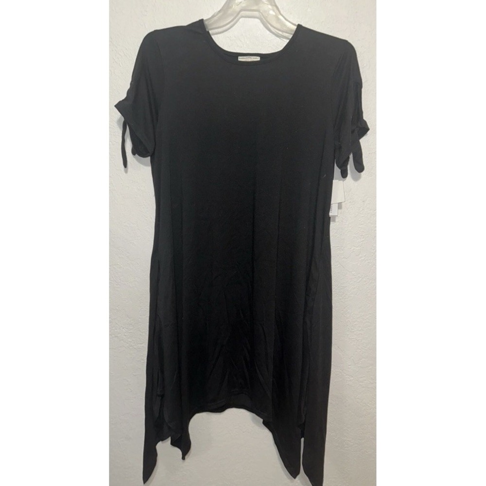 Bobbie Brooks Black Sharkbite Hem Dress with Tie Sleeve Detail Short Sleeve